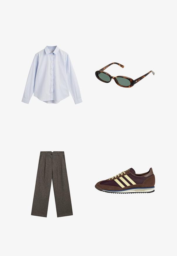 Dunkelgrauer einreihiger Wollblazer mit Reverskragen, zwei vorderen Klappentaschen und einer Brustleistentasche, auf weißem Hintergrund präsentiert.; Grauer gestrickter V-Ausschnitt Pullover mit langen Ärmeln, gerippten Bündchen und Saum, flach auf einem weißen Hintergrund präsentiert.; Helles blaues Hemd mit Knopfleiste aus Baumwolle, mit Kragen, langen Ärmeln, Rückenpasse und abgerundetem Saum, verziert mit einem dezenten gestickten Logo.; Weit geschnittene, hoch taillierte, dunkelgraue Wollhose mit vorderen Falten, seitlichen Taschen, Gürtelschlaufen und einem schwarzen Knopfverschluss.; Braune und burgunderfarbene Sneaker aus Wildleder und Mesh-Materialien, mit drei cremefarbenen Streifen, strukturiertem Stoff an der Zunge und einer Gummisohle.; Schildpatt-Sonnenbrille mit ovalen Rahmen und grünen Gläsern. Verfügt über dünne Bügel mit einem metallischen Akzent in der Nähe der Scharniere.; Dunkelbraune Leder-Shopper-Tasche mit schlanken Doppelgriffen und einem silberfarbenen rechteckigen Schnallendetail am vorderen Riemen.