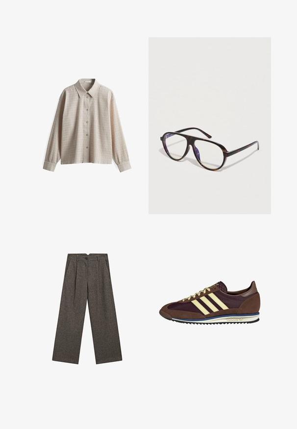 Dunkelgrauer einreihiger Wollblazer mit Reverskragen, zwei vorderen Klappentaschen und einer Brustleistentasche, auf weißem Hintergrund präsentiert.; Grauer gestrickter V-Ausschnitt Pullover mit langen Ärmeln, gerippten Bündchen und Saum, flach auf einem weißen Hintergrund präsentiert.; Helles beiges Hemd mit Knöpfen aus strukturiertem Stoff, ausgestattet mit einem spitzen Kragen und langen Ärmeln, das mit vertikalen Ripplinien gestaltet ist.; Weit geschnittene, hoch taillierte, dunkelgraue Wollhose mit vorderen Falten, seitlichen Taschen, Gürtelschlaufen und einem schwarzen Knopfverschluss.; Braune und burgunderfarbene Sneaker aus Wildleder und Mesh-Materialien, mit drei cremefarbenen Streifen, strukturiertem Stoff an der Zunge und einer Gummisohle.; Schildpatt-gestylte Brille mit übergroßen rechteckigen Rahmen. Klare Gläser und eine glatte, glänzende Oberfläche stehen im Kontrast zu den matten Bügelenden.; Dunkelbraune Leder-Shopper-Tasche mit schlanken Doppelgriffen und einem silberfarbenen rechteckigen Schnallendetail am vorderen Riemen.