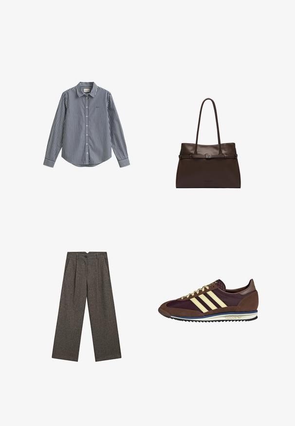 Dunkelgrauer einreihiger Wollblazer mit Reverskragen, zwei vorderen Klappentaschen und einer Brustleistentasche, auf weißem Hintergrund präsentiert.; Grauer gestrickter V-Ausschnitt Pullover mit langen Ärmeln, gerippten Bündchen und Saum, flach auf einem weißen Hintergrund präsentiert.; Marineblaue und weiße gestreifte Hemdbluse mit Kragen, langen Ärmeln und rundem Saum. Verfügt über ein kleines Logo auf der Brust.; Weit geschnittene, hoch taillierte, dunkelgraue Wollhose mit vorderen Falten, seitlichen Taschen, Gürtelschlaufen und einem schwarzen Knopfverschluss.; Braune und burgunderfarbene Sneaker aus Wildleder und Mesh-Materialien, mit drei cremefarbenen Streifen, strukturiertem Stoff an der Zunge und einer Gummisohle.; Dunkelbraune Leder-Shopper-Tasche mit schlanken Doppelgriffen und einem silberfarbenen rechteckigen Schnallendetail am vorderen Riemen.