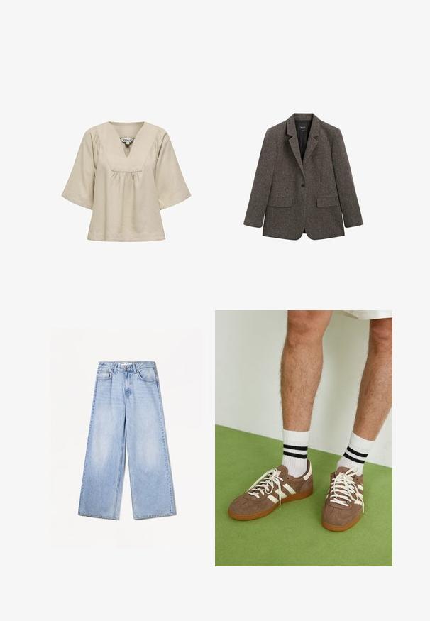 Blazer in lana grigio scuro a un bottone con rever a cono, due tasche anteriori con pattina e una tasca a filetto sul petto, mostrato su uno sfondo bianco.; Blusa beige a maniche corte con scollatura a V, dettagli arricciati sotto il colletto, realizzata in tessuto morbido e dal design morbido.; Bershka WIDE-LEG - Wide Leg - light-blue denim; Sneaker in suede marrone con dettagli e lacci bianchi. Suola in gomma color gomma. Indossati con calzini bianchi con righe nere. Pavimento verde texturizzato.