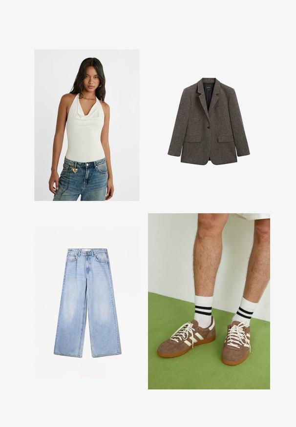 Ciemnoszara, jednoknapowa marynarka wełniana z klapami, dwoma kieszeniami z przodu oraz kieszenią na piersi, prezentowana na białym tle.; Biała bezrękawnikowa bodystocking z drapowanym dekoltem typu cowl, w połączeniu z jasnoniebieskimi, luźnymi dżinsami z serduszkową zawieszką na szlufce paska.; Bershka WIDE jasnoniebieski denim; Brązowe zamszowe sneakersy z białymi akcentami i sznurówkami. Gumowa, brązowa podeszwa. Noszone z białymi skarpetkami w czarne paski. Zielona teksturowana podłoga.