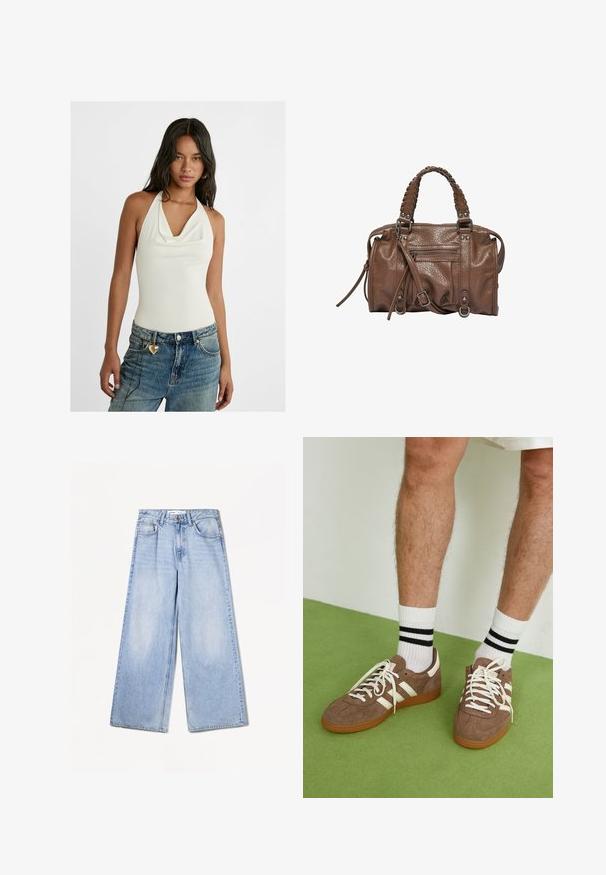 Mørkegrå enkeltknap uldblazer med klapkrave, to forreste klaplommer og en brystlomme, vist på en hvid baggrund.; Hvid ærmeløs bodystocking med draperet cowl halsudskæring, parret med lyseblå baggy denim jeans med et hjerteformet charms på bæltestroppen.; Bershka WIDE-LEG - Wide leg - light-blue denim; Brune ruskind sneakers med hvide detaljer og snørebånd. Gummisål i naturgummi. Båret med hvide sokker med sorte striber. Grøn struktureret gulv.; Brun tekstureret læderhandtaske med flettede håndtag, sølvhardware og en lynlåslomme på forsiden. Har aftagelig skulderrem.; Amberfarvet blomsteringe med en glat overflade og en rund midte, sammen med et matchende firkantet amberbånd.