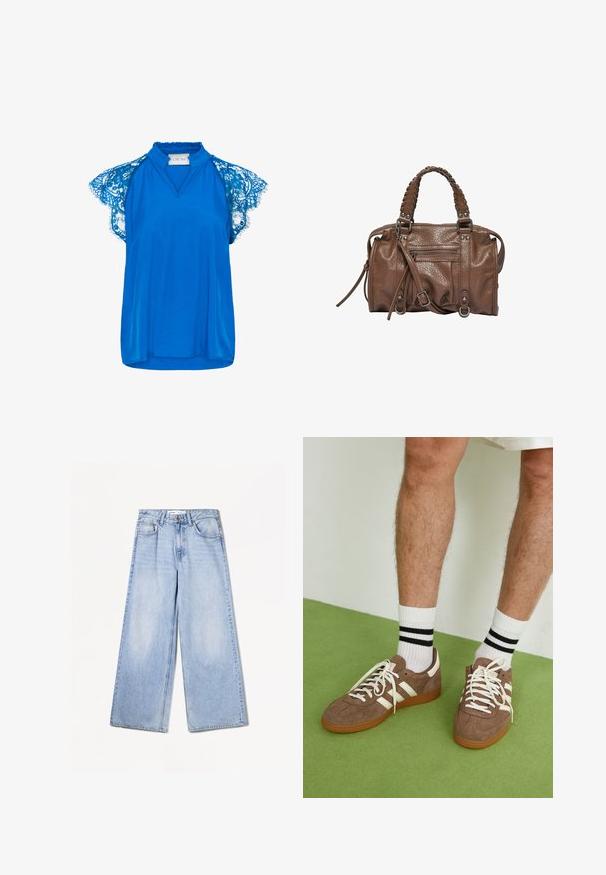 Blazer in lana grigio scuro a un bottone con rever a cono, due tasche anteriori con pattina e una tasca a filetto sul petto, mostrato su uno sfondo bianco.; Cream NOLA - Camicetta - galaxy blue; Bershka WIDE-LEG - Wide Leg - light-blue denim; Sneaker in suede marrone con dettagli e lacci bianchi. Suola in gomma color gomma. Indossati con calzini bianchi con righe nere. Pavimento verde texturizzato.; Borsa a mano in pelle marrone con texture, manici intrecciati, dettagli in metallo argentato e una tasca con zip sulla parte anteriore. Include una tracolla staccabile.