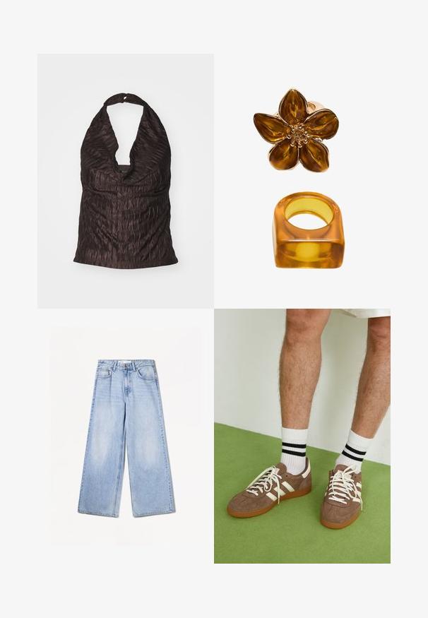 Blazer in lana grigio scuro a un bottone con rever a cono, due tasche anteriori con pattina e una tasca a filetto sul petto, mostrato su uno sfondo bianco.; Top halter arruffato di colore marrone scuro, con profondo scollo a V e un tessuto liscio e testurizzato con un leggero luccichio.; Bershka WIDE-LEG - Wide Leg - light-blue denim; Sneaker in suede marrone con dettagli e lacci bianchi. Suola in gomma color gomma. Indossati con calzini bianchi con righe nere. Pavimento verde texturizzato.; Anello floreale di colore ambra con una finitura lucida e un centro rotondo, affiancato da una corrispondente banda quadrata di ambra.