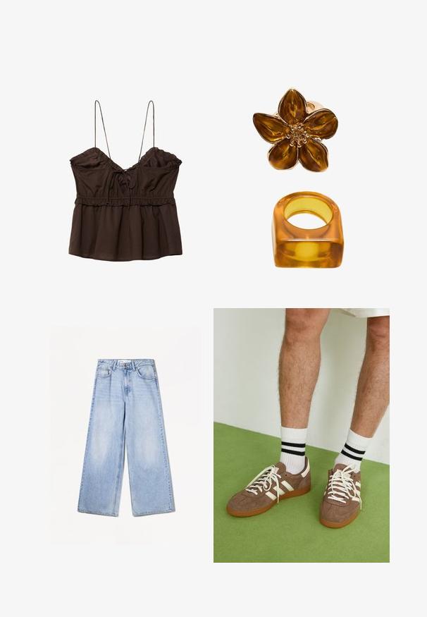 Tmavě šedý vlněný blazer s jedním knoflíkem a výstřihy do klopy, se dvěma předními plochými kapsami a kapsou na hrudi, zobrazený na bílém pozadí.; Hnědý bezramínkový top se zavinovacím dekoltem, nastavitelnými špagetovými ramínky, volánkovými okraji a uvolněným střihem s detailem na stažení.; Bershka WIDE-LEG - Wide leg - light-blue denim; Hnědé semišové tenisky s bílými akcenty a tkaničkami. Gumová podrážka. Nošeny s bílými ponožkami s černými pruhy. Zelená strukturovaná podlaha.; Prsten s květinovým vzorem v jantaru, jehož lesklý povrch je zakončen kulatým středem, spolu s odpovídajícím čtvercovým prstenem z jantaru.