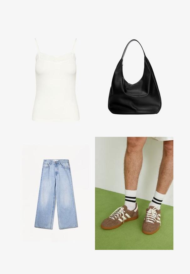 Ciemnoszara, jednoknapowa marynarka wełniana z klapami, dwoma kieszeniami z przodu oraz kieszenią na piersi, prezentowana na białym tle.; Biała rybana podkoszulka z regulowanymi ramiączkami spaghetti i delikatnym koronkowym wykończeniem wzdłuż dekoltu. Miękki, elastyczny materiał. Dopasowany krój.; Bershka WIDE jasnoniebieski denim; Brązowe zamszowe sneakersy z białymi akcentami i sznurówkami. Gumowa, brązowa podeszwa. Noszone z białymi skarpetkami w czarne paski. Zielona teksturowana podłoga.; Czarna skórzana torba hobo o swobodnym fasonie, szerokim pasku na ramię i gładkiej fakturze. Posiada pojedyncze zapięcie na zamek z boku.; Pierścionek z kwiatem w kolorze bursztynu, charakteryzujący się błyszczącym wykończeniem i okrągłym środkiem, w komplecie z pasującą, kwadratową obrączką z bursztynu.