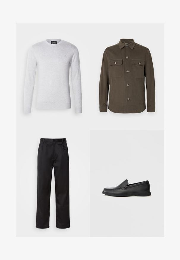 Chaqueta de camisa en verde oliva oscuro, confeccionada en tela suave, con cuello, cierre frontal de botones y dos bolsillos en el pecho con botones a juego.; Suéter de punto gris claro con mangas largas, cuello redondo y un pequeño logo bordado en el pecho. Textura suave, diseño casual.; Pantalones negros de tela suave, con cierre delantero de botón, pliegues y patas rectas. Sin patrones ni acentos visibles.; Mocasín negro de cuero, sin cordones, con parte superior texturizada, punta redondeada, tacón bajo y suela de goma, mostrado en perfil lateral sobre un fondo blanco.