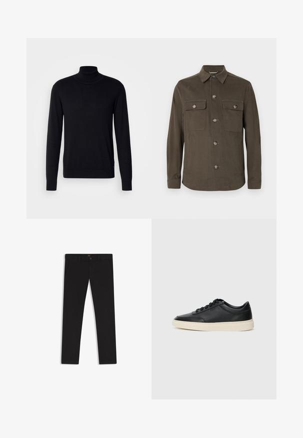 Dunkelolivgrüne Hemdjacke aus glattem Stoff, mit Kragen, vorderem Knopfverschluss und zwei Brusttaschen mit passenden Knöpfen.; Schwarzer Rollkragenpullover aus weichem Stoff. Mit langen Ärmeln, geripptem Kragen und Bündchen, hat eine glatte Textur und keine Muster.; Schwarze Hosen aus einem Stoff mit glatter текстуре. Verfügt über einen Knopfverschluss, Gürtelschlaufen und Seitentaschen. Klassisches Design mit geradem Bein.; Schwarzer niedriger Ledersneaker mit schwarzen Schnürsenkeln und cremefarbenem Sohlenrand, seitlich auf weißem Hintergrund dargestellt.