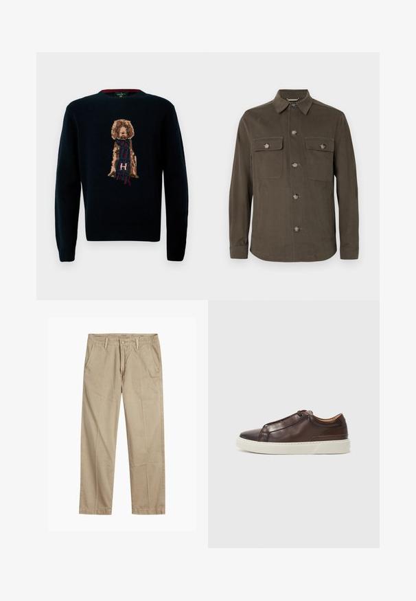 Tamno maslinasto zelena košulja jakna napravljena od glatkog materijala, sa ovratnikom, prednjim zatvaranjem na dugmad i dvostrukim džepovima na grudima s dugmadima u usklađenoj boji.; Mornaricno plavi pleteni pulover s detaljnim dizajnom psa koji nosi šal. Mekana tekstura, okrugli izrez i rebrasti manžeti i donji rub.; Bež chinos hlače ravnog kroja s petljama za remen, prednjim gumbom i zatvaranjem nazip, te kosi prednjim džepovima.; Smeđe kožne tenisice s okruglim vrhom, kontrastnom bijelom gumenom potplatom, prošivenim detaljima i bez vidljivih vezica. Sveukupno glatka tekstura.