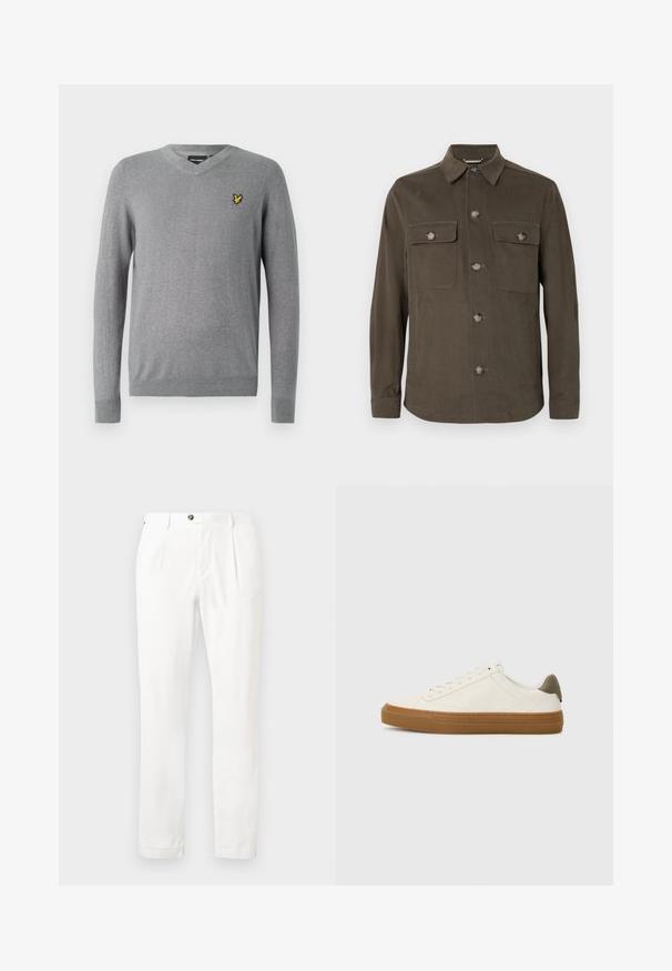 Tamsiai alyvuogių žalia marškinėlių striukė, pagaminta iš lygaus audinio, turinti apykaklę, priekinį mygtukų užsegimą ir dvi krūtinės kišenes su atitinkamais mygtukais.; Lyle & Scott V NECK - Džemperis - mid grey; Baltos kelnes su plokščiu priekiu, dviem raukiniais ir mygtuko uždarymu. Pagamintos iš lengvos medžiagos, turi tiesias kojas ir suktus rankogalius.; Balti odiniai sportbačiai su apvalia nosimi, guminėmis gumos padangomis ir alyvuogių žaliais kulno akcentais. Yra raišteliai ir minimalus siuvinėjimas.