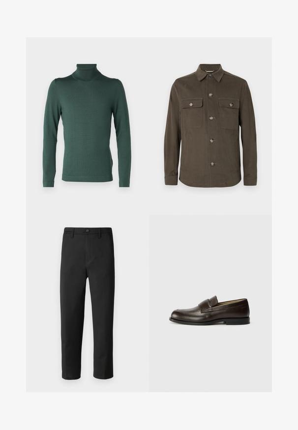 Tamno maslinasto zelena košulja jakna napravljena od glatkog materijala, sa ovratnikom, prednjim zatvaranjem na dugmad i dvostrukim džepovima na grudima s dugmadima u usklađenoj boji.; DRYKORN JOEY - Vesta - green; Crne hlače ravnog kroja, izrađene od glatkog materijala. Imaju zatvaranje na dugme i petlje za remen. Nema vidljivih uzoraka ili akcenta.; Calvin Klein Obuća za navlačenje - cocoa brown