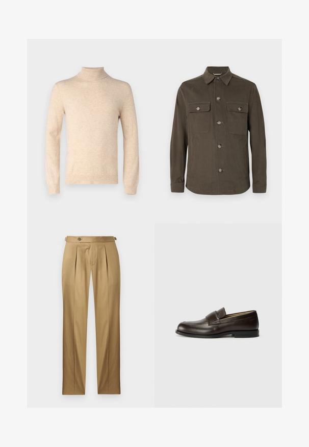 Jachetă cămașă de culoare verde măsliniu închis, realizată dintr-un material neted, având guler, închidere cu butoane pe față și două buzunare pe piept cu butoane asortate.; pure cashmere MEN TURTLE NECK SWEATER - Pulover - oatmeal; Pantaloni bej cu croială dreaptă, având pliuri, închidere cu nasture și căptușeală pentru curea. Țesătură netedă cu un aspect curat și croială impecabilă.; Calvin Klein Pantofi slip-on - cocoa brown