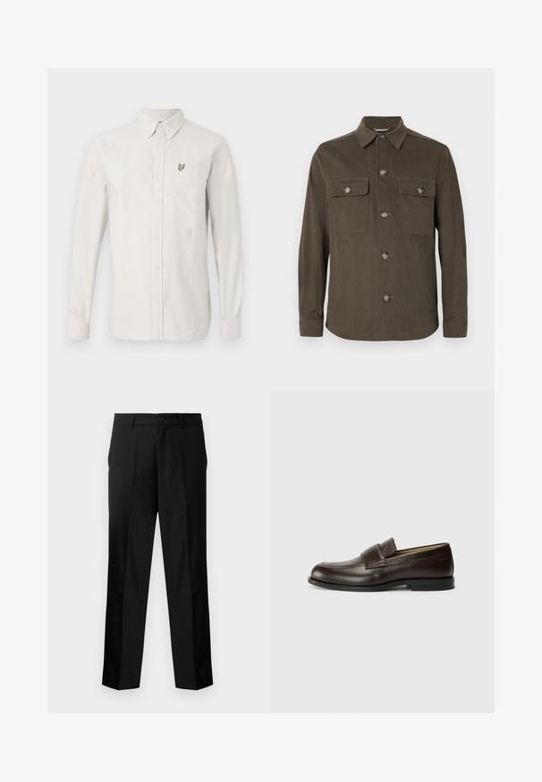 Temno olivno zeleno srajčno jakno iz gladkega materiala, ki ima ovratnik, sprednje zapiranje na gumbe in dvojna žepna prostora na prsih z usklajenimi gumbi.; Bela srajca z dolgimi rokavi iz bombaža. Ima majhen zeleni vezeni logotip ptice na levem žepu.; Črne hlače z ravnim krojem, s zapiranjem na gumb, zadrgo in obrobo za pas. Gladek material z stranskima žepoma.; Calvin Klein Čevlji brez vezalk - cocoa brown