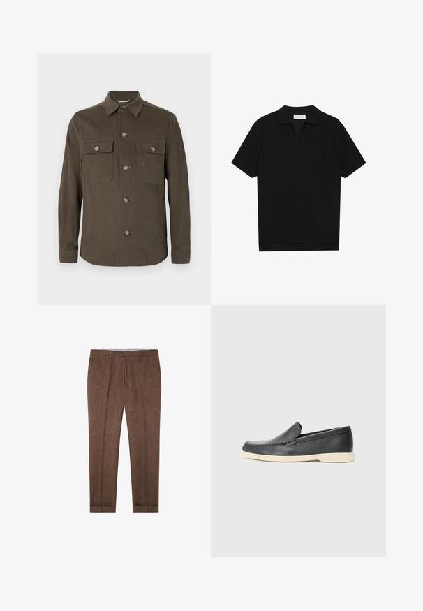 Dark olive green shirt jacket made of smooth fabric, featuring a collar, front button closure, and dual chest pockets with matching buttons.; Black short-sleeve polo shirt with a textured, ribbed fabric, featuring a v-neckline and a straight hem. No visible logos or patterns.; Brown tailored trousers featuring a subtle texture, pleats, a button closure, and cuffs at the hem. Suitable for formal or semi-formal wear.; Black leather slip-on loafers with a textured finish and a contrasting beige rubber sole. Features a subtle accent along the front.