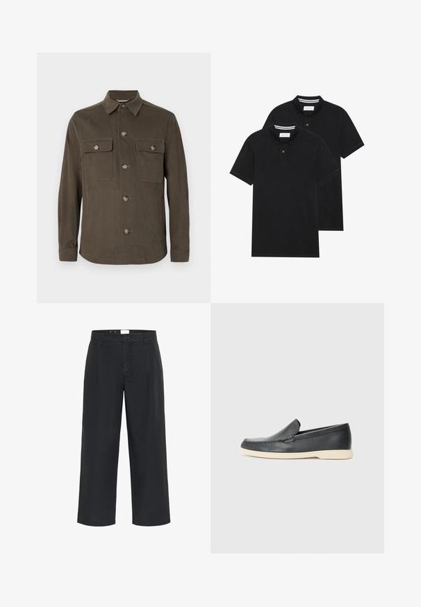 Mörk olivgrön skjortjacka i slät tyg, med krage, framknäppning och två bröstfickor med matchande knappar.; Två svarta polo t-shirts, kortärmade, i bomullsmaterial, med en klassisk krage, tvåknappsslutning och vita randiga accenter inuti kragen.; Matinique MACHINO PLEAT - Tygbyxor - black; Svarta läder slip-on loafers med en texturerad yta och en kontrasterande beige gummisula. Har en subtil accent längs fram.