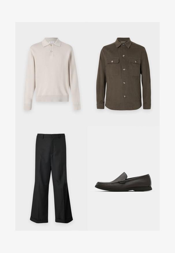 Temno olivno zeleno srajčno jakno iz gladkega materiala, ki ima ovratnik, sprednje zapiranje na gumbe in dvojna žepna prostora na prsih z usklajenimi gumbi.; Svetlo bež dolg rokav polo majica iz mehkega materiala. Ima ovratnik, zatič s tremi gumbi ter rebraste manšete in rob.; Črne široke hlače z gumbasto pasom in manšetami, prikazane na enostavni beli podlagi.; Temno rjavi usnjeni loafers s zaobljenim toe, subtilnimi šivi in nizkim gumijastim podplatom. Gladka tekstura z fleksibilnim prileganjem.