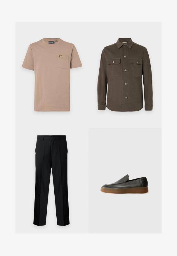 Tumeoliivroheline särk-jacket, mis on valmistatud siledast kangast, sisaldab kraed, esist nööbiga sulgemist ja kahte rinna-taskut vastavate nööpidega.; Pruun lühikeste varrukatega t-särk, mis on valmistatud pehmest puuvillast ja sisaldab rinnakotitäit kollase liblika embleemiga. Klassikaline ümmargune kaelus.; Mustad musträbimoodulitega püksid sirge lõikega, mis sisaldavad nööpe, lukku ja vöökumme. Sile kanga tekstuur ja küljetaskud.; Calvin Klein HYBRID CUP - Jalga libistatavad jalanõud - after dark