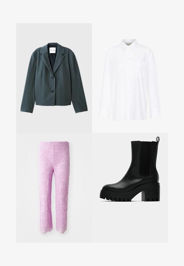 Blazer court vert foncé avec revers cranté, design à un seul bouton et deux boutons noirs. Tissu lisse avec une coupe structurée.; Chemise blanche à manches longues avec col, en coton. Présente un devant à boutons et une poche poitrine unique. Texture lisse, coupe décontractée.; Pantalons en dentelle rose avec un ourlet festonné, présentant des motifs floraux complexes. Le tissu semble léger et texturé, conçu pour une silhouette ajustée.; Bottines en cuir noir avec bout rond, semelle épaisse, et accents en maille sur les côtés. Comprend une languette à l'arrière pour un enfilage facile.