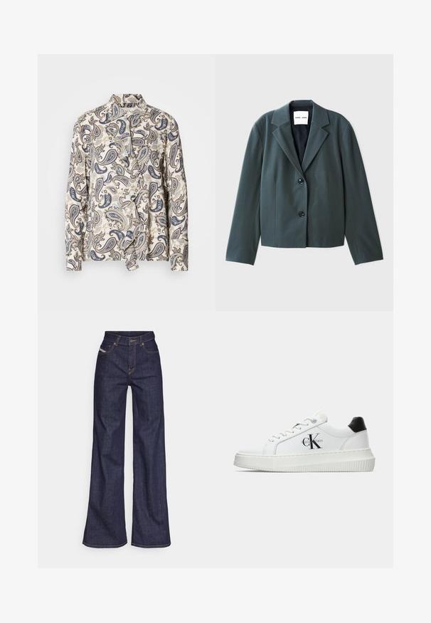 Blazer accorciato verde scuro con revers a punta, design monopetto e due bottoni neri. Tessuto liscio con una vestibilità strutturata.; Blusa a fantasia con motivo paisley in navy, beige e azzurro chiaro, realizzata in tessuto leggero con chiusura a bottoni nascosta e colletto.; Jeans a gamba larga di denim blu scuro con vita alta, caratterizzati da cuciture arancioni, design a cinque tasche e chiusura con bottone.; Sneaker bassa bianca con tassello nero sul tallone, suola a piattaforma, lacci e logo "CK" di Calvin Klein sul lato.