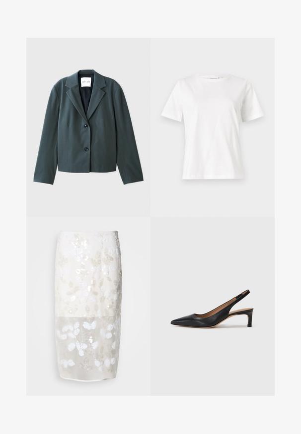 Tumma vihreä, kauluksellinen bleiseri, jossa on pitkät hihat, yksirivinen malli, kaksi nappia ja sileä pinta. Merkkilappu näkyy sisäpuolella.; Valkoinen puuvillapaita lyhyillä hihoilla, pyöreällä kaula-aukolla ja rentolla istuvuudella. Sujuva rakenne, ei kuvioita tai yksityiskohtia, minimalistinen muotoilu.; Knee-length skirt in cream with a floral sequined pattern. Semi-transparent top layer, lined underneath. Smooth texture with various white embellishments.; Mustat nahkaiset slingback-korkokengät, joissa on terävä kärki, matala korko ja sileä pinta. Varustettu ohuella säädettävällä hihnalla turvallisen istuvuuden takaamiseksi.