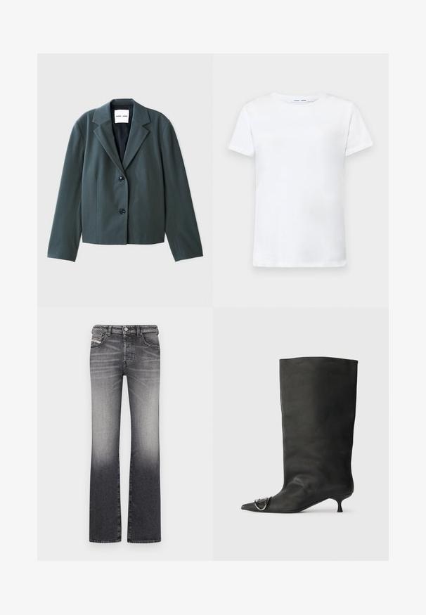 Tamsiai žalia trumpa švarkas su iškirptu atlapu, vieno mygtuko dizainu ir dviem juodais mygtukais. Lygus audinys su struktūrizuota forma.; Balta trumpa medvilninė marškinėlių su apvalia iškirpte. Lygus paviršius ir tiesus kirpimas, be raštų ar akcentų.; Įvairių atspalvių juodai pilkos flared džinsai. Yra penki kišenės, sagčių ir užtrauktuko uždarymas bei diržo kilpos. Džinsinio audinio su lygiu paviršiumi.; Juodas odinis kulkšninis batas su smailiu pirštu, maža pakulne ir metaline akcentu ant piršto. Lygus, matinio paviršiaus tekstūra visame batus.