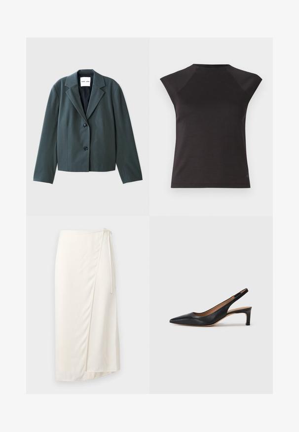 Dark green cropped blazer with a notched lapel, single-breasted design, and two black buttons. Smooth fabric with a structured fit.; Black short-sleeve top featuring a round neckline and angled shoulder seams. Made of smooth fabric with a fitted cut and no visible patterns.; Cream wrap skirt made of smooth fabric, featuring a side tie closure and a knee-length hem with a subtle front slit for ease of movement.; Black leather slingback pump with a pointed toe, low heel, and a smooth texture. Features a thin adjustable strap for a secure fit.