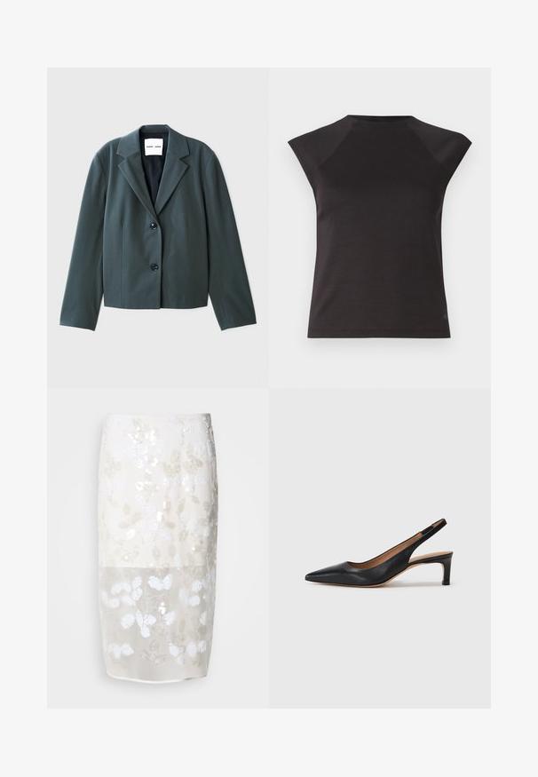 Blazer vert foncé à col, manches longues, design à simple boutonnage avec deux boutons, et texture lisse. Étiquette de la marque visible à l'intérieur.; Haut noir à manches courtes avec un col rond et des coutures d'épaule angulaires. Fabriqué en tissu lisse avec une coupe ajustée et sans motifs visibles.; Jupe au genou en crème avec un motif floral en sequins. Couche supérieure semi-transparente, doublée en dessous. Texture lisse avec divers embellissements blancs.; Escarpin slingback en cuir noir avec un bout pointu, un petit talon et une texture lisse. Doté d'une fine sangle réglable pour un ajustement sécurisé.