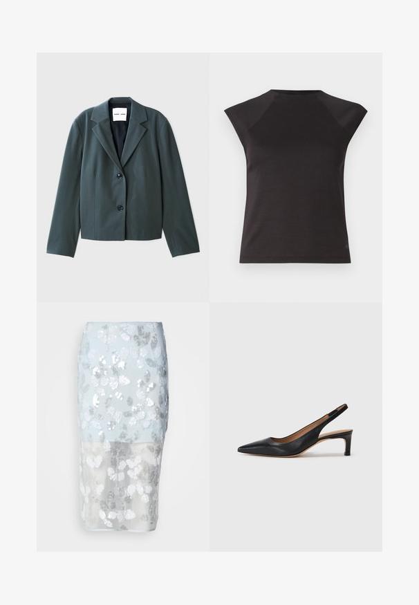 Tamsiai žalias švarkas su apkaltomis, ilgomis rankovėmis, viengubu sagstymu, dviem mygtukais ir lygiu audiniu. Matomas prekės ženklo etiketė viduje.; Juodas trumpas rankovėmis viršus su apvalia iškirpte ir kampinėmis pečių siūlėmis. Pagamintas iš lygios medžiagos, su aptemptu siluetu ir be matomų raštų.; Paillette pieštuko sijonas su šviesiai mėlynu permatomu uždangalu ir baltu gėlių raštu. Pasižymi sidabriniais paillettes ir prigludusia siluetu.; Juodas odinis šliuurkastukas su smailiu pirštu, žemu kulnu ir glotnia tekstūra. Turi ploną reguliuojamą dirželį patogiam prigludimui.