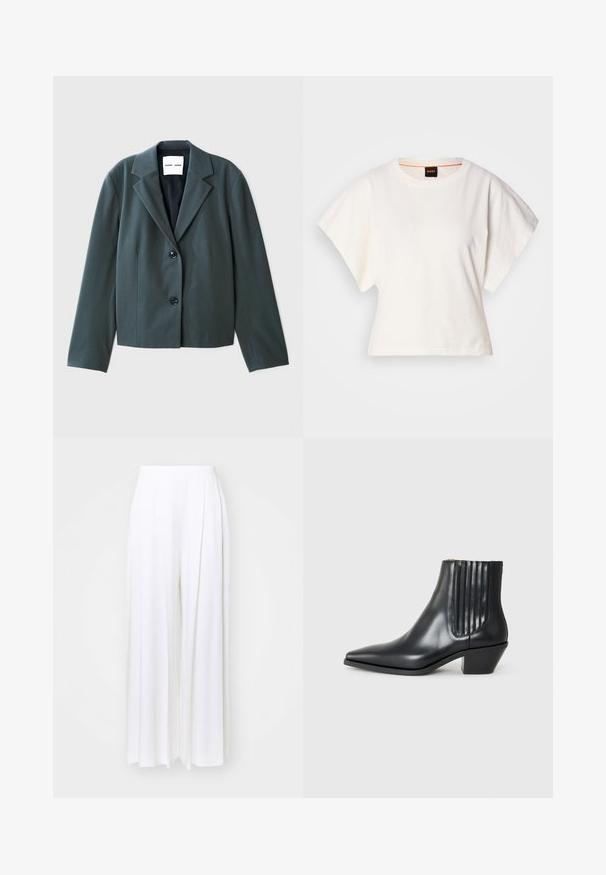Temnozeleni skrajšani blazer z obrobnim ovratnikom, enorednim zapenjanjem in dvema črnima gumboma. Gladko blago in strukturirana kroja.; Bela skrajšana majica s kratkimi širokimi rokavi, mehka bombažna tkanina, okrogla ovratnica z diskretnim oranžnim robom, minimalističen dizajn, brez vzorcev ali grafike.; BOSS TETOSA - Hlače - white; Črne usnjene gležnjarje s koničastim nosom, elastičnimi stranskimi paneli z navpičnimi utori in nizko blokasto peto. Gladka tekstura in eleganten dizajn.
