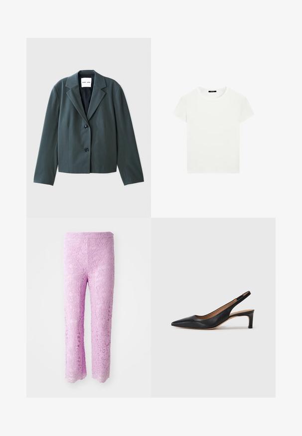 Blazer court vert foncé avec revers cranté, design à un seul bouton et deux boutons noirs. Tissu lisse avec une coupe structurée.; T-shirt blanc uni à manches courtes et col ras du cou, ajusté, présenté à plat sur un fond blanc.; Pantalons en dentelle rose avec un ourlet festonné, présentant des motifs floraux complexes. Le tissu semble léger et texturé, conçu pour une silhouette ajustée.; Escarpin slingback en cuir noir avec un bout pointu, un petit talon et une texture lisse. Doté d'une fine sangle réglable pour un ajustement sécurisé.