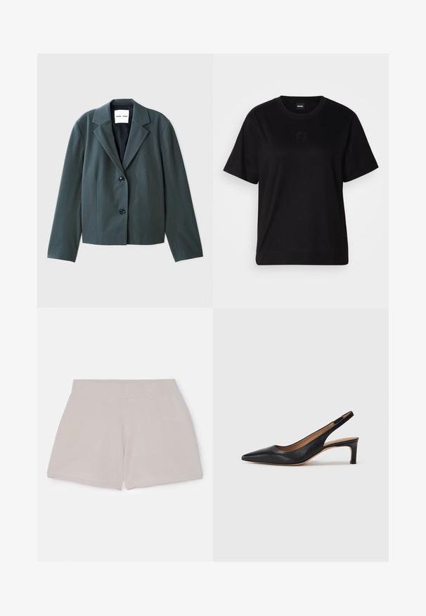 Dark green cropped blazer with a notched lapel, single-breasted design, and two black buttons. Smooth fabric with a structured fit.; Black cotton t-shirt with a crew neckline, short sleeves, and an embroidered logo on the chest. Simple, relaxed fit with no patterns.; Elastic waist beige cotton shorts with a textured finish, featuring a straight cut and no visible pockets or detailing.; Black leather slingback pump with a pointed toe, low heel, and a smooth texture. Features a thin adjustable strap for a secure fit.