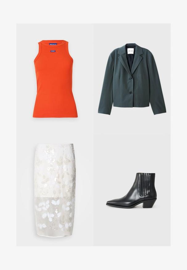 Tumši zaļš īsais žakets ar noaudzītajiem apkakles galiem, vienrindas pogu aizdari un divām melnām pogām. Gluda auduma ar strukturētu piegriezumu.; Oranžs ribots bez piedurknēm t-krekls ar apaļu kakla izgriezumu. Priekšpusē ir zils Hugo logo. Gluda tekstūra.; Krūšu garuma svārki krēmkrāsā ar ziedu rakstu izšuvumiem. Puscaurspīdīga augšējā kārta, ieliktne zemāk. Gluda tekstūra ar dažādiem baltajiem dekoratīvajiem elementiem.; Melnas ādas potītes zābaki ar izsistu purngali, elastīgām sānu paneļiem ar vertikālām grodām un zemu bloku papēdi. Gluda tekstūra un elegants dizains.