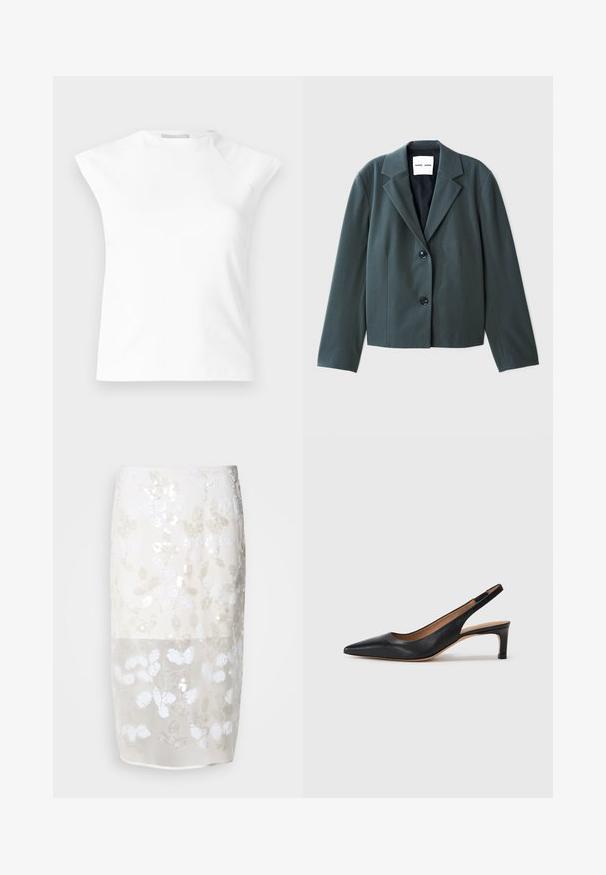Sötétzöld, cropped blézer, hegyes hajtókával, egy soros fazonnal és két fekete gombbal. Sima anyag, amelynek teljesített a fazonja.; Fehér ujjatlan felső, magas nyakkivágással és strukturált vállakkal, sima textúrával és minimalista dizájnnal. Nincsenek látható záródások.; Térd hosszúságú szoknya krém színben, virágos flitteres mintával. Félig áttetsző felső réteg, alá bélés. Simább textúra különféle fehér díszítésekkel.; Fekete bőr slingback pumpa hegyes orral, alacsony sarokkal és sima textúrával. Vékony, állítható pánttal rendelkezik a biztos illeszkedés érdekében.