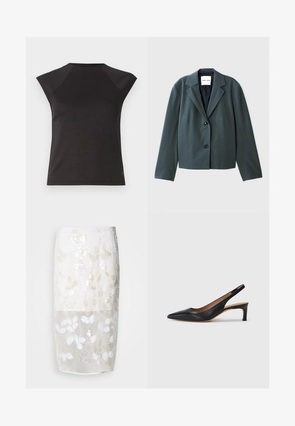 Sötétzöld, cropped blézer, hegyes hajtókával, egy soros fazonnal és két fekete gombbal. Sima anyag, amelynek teljesített a fazonja.; Fekete, rövid ujjú felső, kerek nyakkivágással és ferde vállvarrással. Simább anyagból készült, testhezálló szabással és látható minták nélkül.; Térd hosszúságú szoknya krém színben, virágos flitteres mintával. Félig áttetsző felső réteg, alá bélés. Simább textúra különféle fehér díszítésekkel.; Fekete bőr slingback pumpa hegyes orral, alacsony sarokkal és sima textúrával. Vékony, állítható pánttal rendelkezik a biztos illeszkedés érdekében.