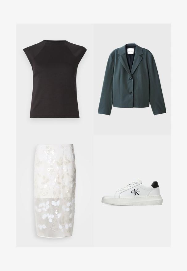 Tmavo zelený skrátený blazer s klopovým golierom, jednoradovým designom a dvoma čiernymi gombíkmi. Hladká tkanina so štruktúrovaným strihom.; Čierny krátky rukáv top s okrúhlym výstrihom a šikmými ramennými švami. Vyrobený z hladkej tkaniny s priliehavým strihom a bez viditeľných vzorov.; Sukňa po kolená v krémovej farbe s kvetinovým vzorom z flitrov. Polopriesvitná horná vrstva, pod ňou podšívka. Hladká textúra s rôznymi bielymi ozdobami.; Biele nízke tenisky s čiernym pätkovým dielom, platformovou podrážkou, šnúrkami a logom "CK" značky Calvin Klein na boku.