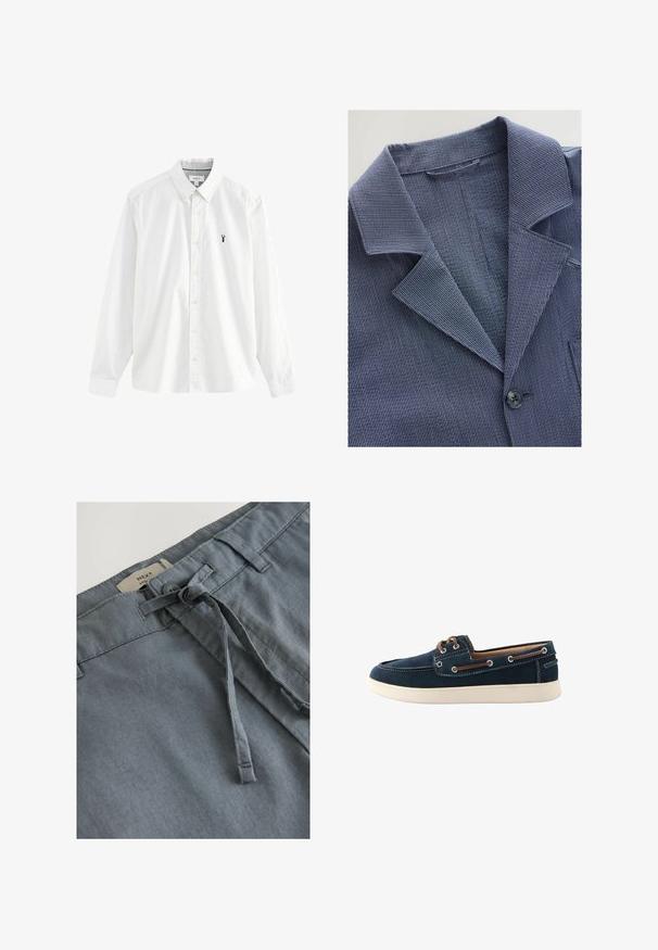 Marineblau-weiß gestreifter Blazer mit Reverskragen, einzelner Knopfverschluss und strukturiertem Stoff. Verfügt über eine Brusttasche und einen Revers.; Weißes Langarmhemd aus Baumwolle. Verfügt über einen Button-Down-Kragen, gelbe Knöpfe und ein kleines dunkelblaues Hummer-Logo auf der linken Brust.; Grau Stoffshorts mit weicher Textur, versehen mit einem knotenförmigen Kordelzug und Gürtelschlaufen. Das Etikett zeigt die Marke "NEXT" am Bund.; Marineblaue Bootsschuhe aus Stoff mit weißen Nähten und einer Gummisohle. Verfügt über braune Schnürsenkel und Ösen. Rundes Zehen-Design.