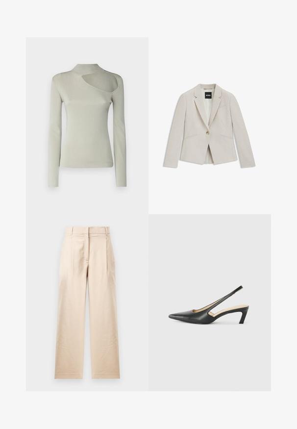 Blazer beige chiaro realizzato in tessuto testurizzato. Presenta una chiusura con un solo bottone, revers a punta e due tasche frontali.; Maglietta a maniche lunghe in morbido tessuto a coste grigio chiaro, con collo alto e ritaglio asimmetrico sulla spalla sinistra. Texture liscia.; Pantaloni beige realizzati in tessuto liscio. Presentano una vestibilità dritta, cintura piatta e due pieghe. Nessun motivo visibile o accessori metallici.; Scarpa slingback nera con punta affilata e tacco basso, realizzata in pelle liscia e con un design a taglio laterale per favorire la traspirabilità.