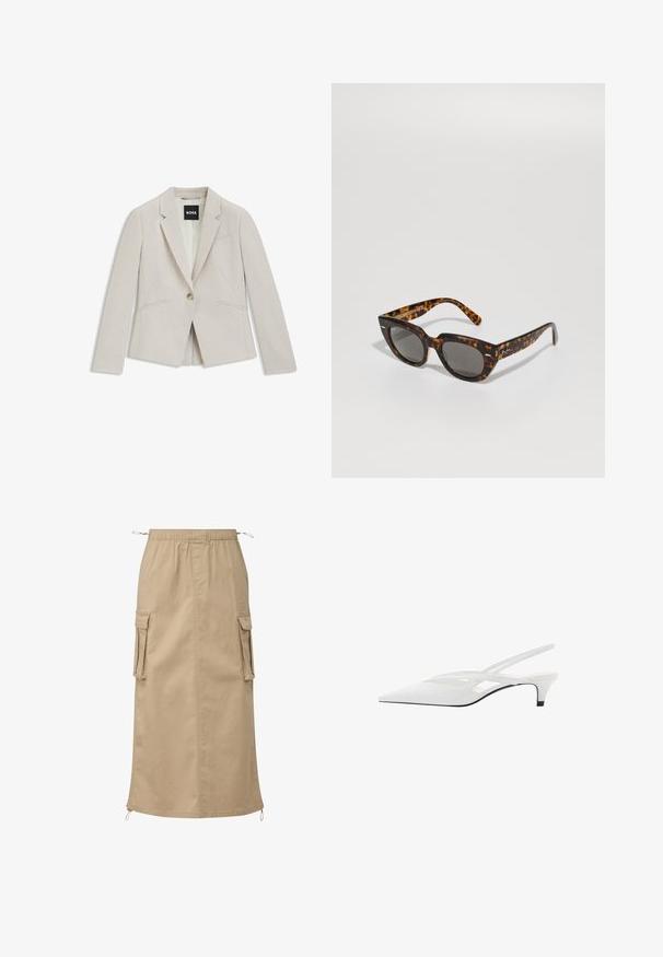 Helles beiges Blazer aus strukturiertem Stoff. Verfügt über einen Ein-Knopf-Verschluss, Reverskragen und zwei Fronttaschen.; Massimo Dutti FLOWING DOUBLE FABRIC GARMENT - Top - white; Beige-Cargo-Rock aus leichtem Material, mit einem elastischen Bund, zwei seitlichen Taschen und Zugbanddetails am Saum.; Weißer Slingback-Absatzschuh mit spitzer Zehenpartie, featuring ein glattes Obermaterial, subtile Ausschnitte und einen niedrigen Blockabsatz. Die schwarze Sohle betont das Design.; Schildpatt-Sonnenbrille mit kantigen Rahmen und grauen Gläsern. Verfügt über eine glänzende Oberfläche und dezente Markenkennzeichnung an den Bügeln.