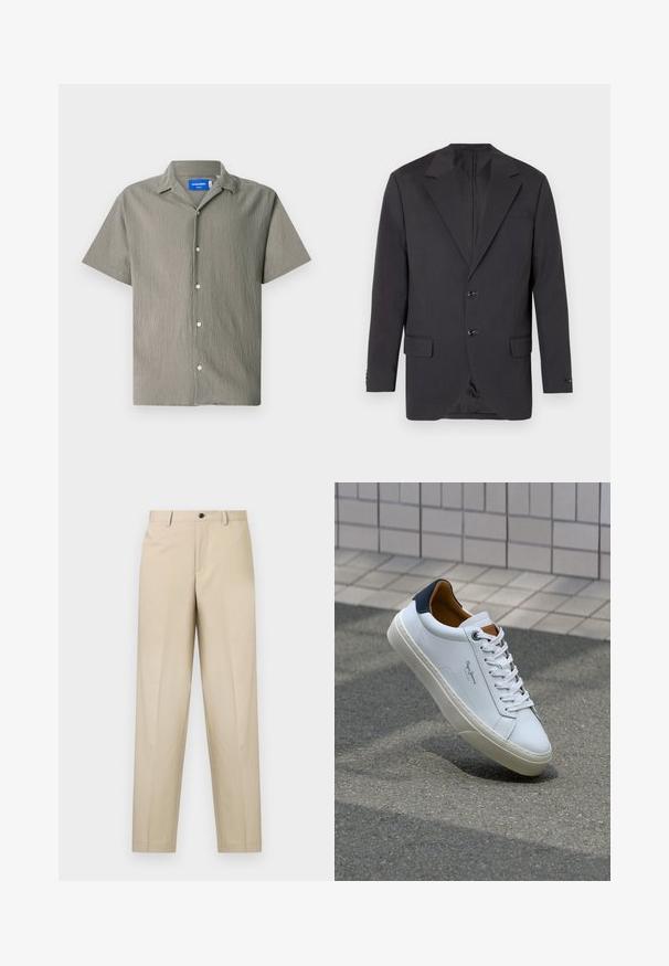 Mørk grå blazer med nakkeslag, to frontknapper, to sidelommer og en enkelt brystlomme. Glatt stoff med en skreddersydd passform.; Kortermet skjorte i olivengrønn med teksturert finish, med krage og knappestolpe foran. Inkluderer lyse knapper.; To polo-shirts: en hvit med svarte detaljer og en lys blå heather. Hver av dem har krage og to-knapps placket med logo.; Beige bukser laget av lett stoff, med rette ben, enkel frontfold og knappelukking i midjen.; Hvit lærsneaker med marineblå hæl, rund tå og kontrasterende brune detaljer. Har flate lisser og teksturert gummisåle.