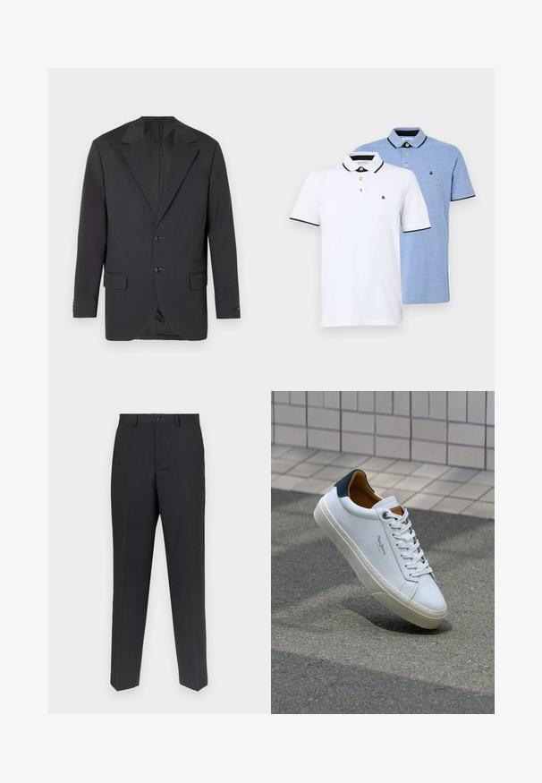 Tmavošedý blejzer s klopovým golierom, dvoma prednými gombíkmi, dvoma bočnými vreckami a jedným náprsním vreckom. Hladká tkanina s priliehavým strihom.; Dvaja polo tričká: jedno biele s čiernymi akcentmi, druhé svetlo modré melírované. Každé má golier a dva gombíky na zapínanie s logom.; Tmavo šedé nohavice vyrobené z hladkej látky, so strihom v rovnom strihu, prednými vreckami a s jedným gombíkom na uzavieranie.; Biele kožené tenisky s námorníckym opätkom, okrúhlou špičkou a kontrastnými hnedými akcentami. Majú ploché šnúrky a textúrovanú gumovú podrážku.