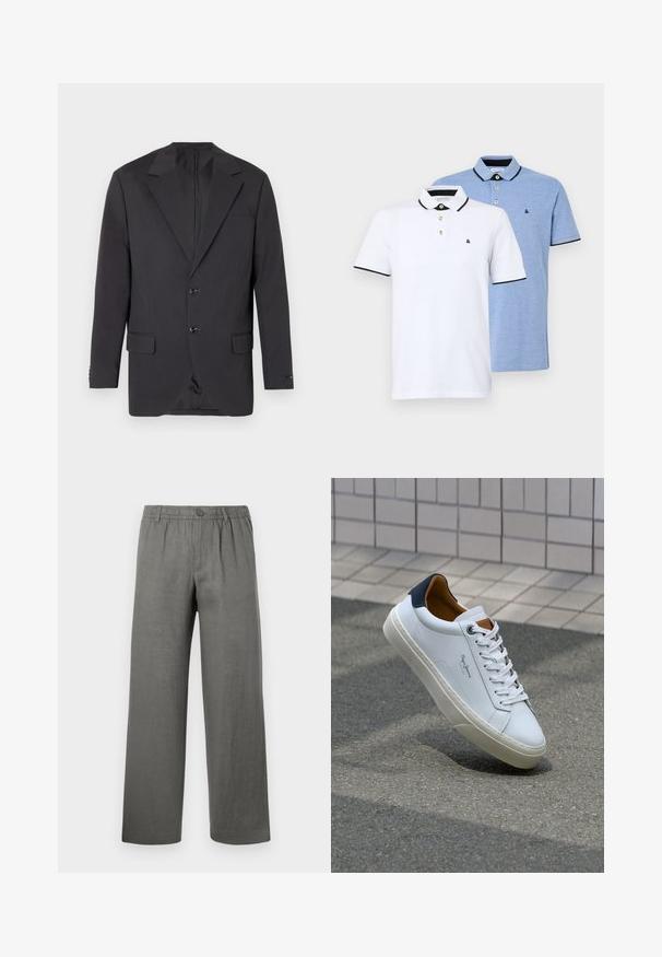Czarny żakiet w odcieniu ciemnoszarym z klapami typu notch, dwoma guzikami z przodu, dwiema bocznymi kieszeniami i jedną kieszenią na piersi. Gładki materiał z dopasowanym krojem.; Dwie koszulki polo: jedna biała z czarnymi akcentami, druga w jasnoniebieskim melanżu. Każda z nich ma kołnierzyk oraz zapięcie na dwa guziki z logo.; Szare lniane spodnie o luźnym kroju, z elastycznym paskiem w talii, zapięciem na guzik i prostymi nogawkami. Gładka tekstura, minimalistyczny design.; Białe skórzane trampki z granatowym piętkiem, okrągłym noskiem i kontrastowymi brązowymi akcentami. Posiadają płaskie sznurówki i teksturowaną gumową podeszwę.