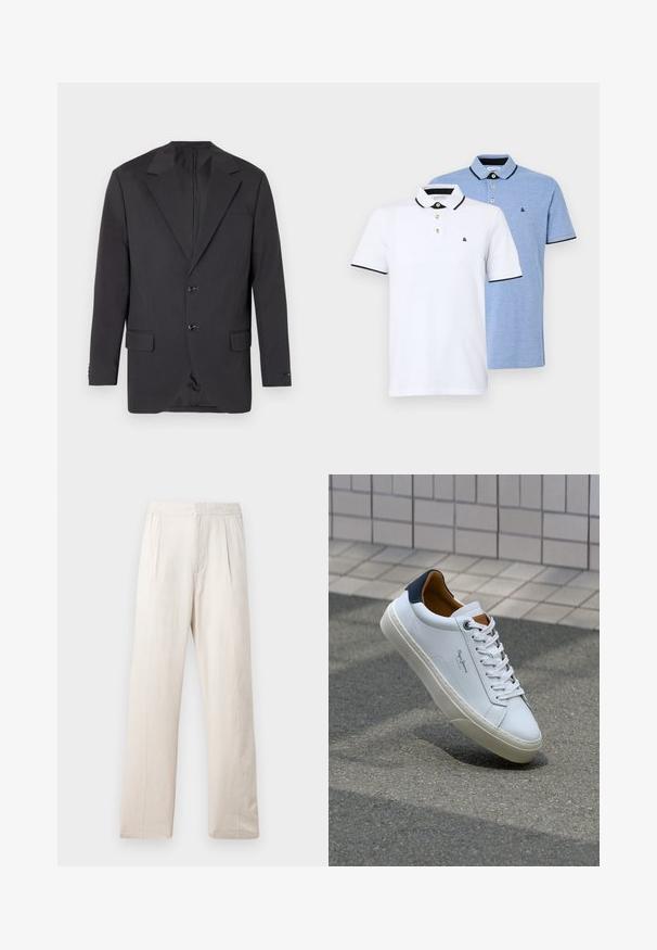 Tmavošedý blejzer s klopovým golierom, dvoma prednými gombíkmi, dvoma bočnými vreckami a jedným náprsním vreckom. Hladká tkanina s priliehavým strihom.; Dvaja polo tričká: jedno biele s čiernymi akcentmi, druhé svetlo modré melírované. Každé má golier a dva gombíky na zapínanie s logom.; Svetlo béžové nohavice s širokými nohavicami vyrobené z textúrovanej tkaniny, s elastickým pásom a dvoma prednými bokmi pre pridaný detail.; Biele kožené tenisky s námorníckym opätkom, okrúhlou špičkou a kontrastnými hnedými akcentami. Majú ploché šnúrky a textúrovanú gumovú podrážku.
