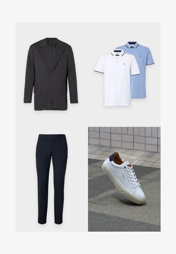 Tumši pelēks žakets ar izgriezumu, divām priekšējām pogām, divām sānu kabatām un vienu krūšu kabatu. Gluda auduma, ar pieguļošu piegriezumu.; Divi polo krekli: viens balts ar melniem akcentiem, otrs gaiši zils melnā toņkārtā. Katram ir apkakle un divu pogu aizdare ar logo.; Tumši zili bikses ar plānām vertikālām svītrām, izgatavotas no gludas auduma. Aprīkotas ar pogu aizdari un pielāgotu piegriezumu ar taisnām kājām.; Baltas ādas čības ar tumši zilu papēdi, apaļu purngalu un kontrastējošām brūnām detaļām. Aprīkotas ar plakanu auklu un struktūrētu gumijas zoli.