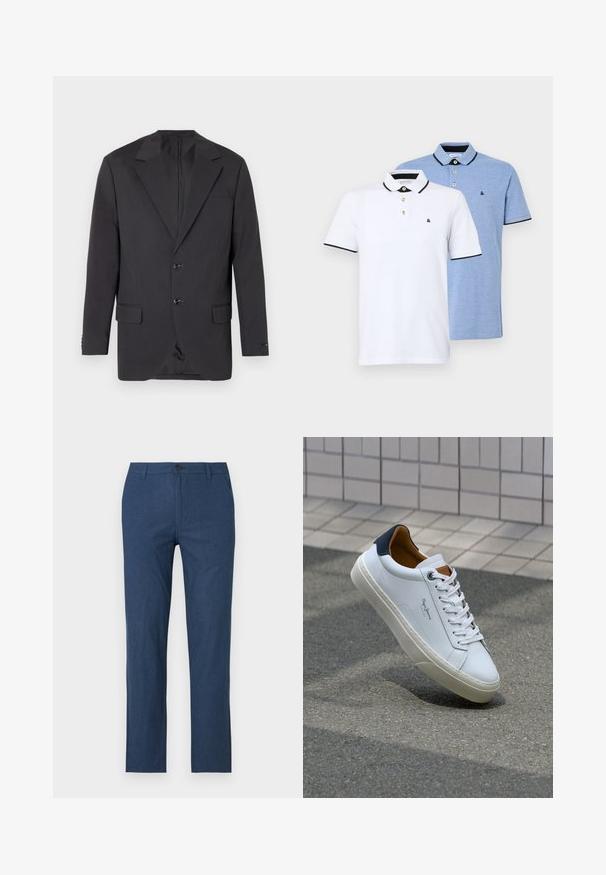 Mørk grå blazer med nakkeslag, to frontknapper, to sidelommer og en enkelt brystlomme. Glatt stoff med en skreddersydd passform.; To polo-shirts: en hvit med svarte detaljer og en lys blå heather. Hver av dem har krage og to-knapps placket med logo.; Marineblå bukser laget av et lett stoff, med rett snitt, glidelåsfront, knappelukking og sidelommer.; Hvit lærsneaker med marineblå hæl, rund tå og kontrasterende brune detaljer. Har flate lisser og teksturert gummisåle.