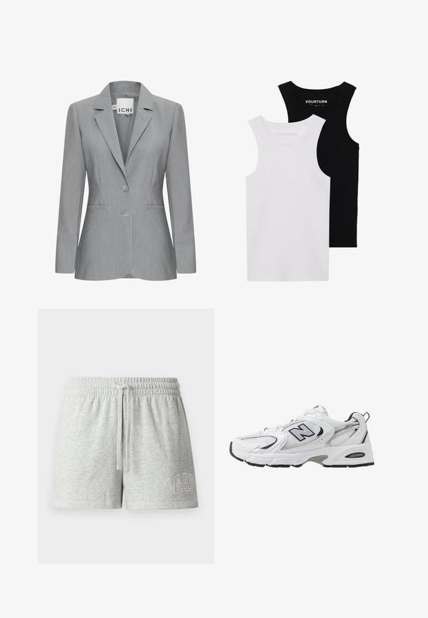Ljust grå kavaj med spettslag, två knappar och sidofickor. Tillverkad av strukturtyg med en skräddarsydd passform. Varumärkesetikett synlig.; Två figurnära linnen i svart och vitt. Tillverkade av ribbat bomull, de har breda axelband och rundad halsringning. Logotypen finns på kragen.; Grå bomullsshorts med elastisk midja, justerbar dragsko och broderad "GAP"-logotyp i vitt på vänster ben.; Vit sportskor med överdel i mesh, marinblå accenter och dämpad sula. Har "N"-logotyp, snörning och texturerad detalj på sidan.