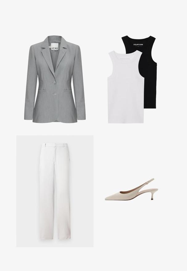 Light gray blazer with a notched lapel, two buttons, and side pockets. Made of textured fabric with a tailored fit. Brand label visible.; Two fitted tank tops in black and white. Made of ribbed cotton, they feature wide straps and rounded necklines. Branding on the collar.; White trousers with a straight cut, made of smooth fabric. Features side pockets and a clean waistband design. Minimalist and neutral look.; Beige slingback heels with a pointed toe and a low, flared heel. Made from smooth leather with a minimalistic design and adjustable strap.