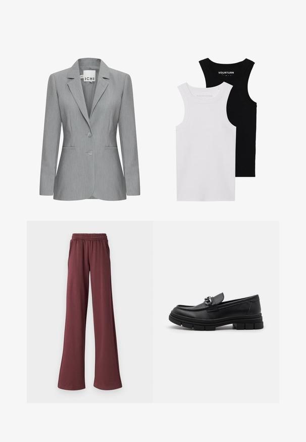 Helle graue Blazer mit Reverskragen, zwei Knöpfen und Seitentaschen. Aus strukturiertem Stoff mit taillierter Passform. Markenlabel sichtbar.; Zwei figurbetonte Tanktops in Schwarz und Weiß. Aus geripptem Baumwollmaterial hergestellt, verfügen sie über breite Träger und runde Ausschnitte. Branding am Kragen.; JJXX JXALLY REG WIDE PANTS - Jogginghose - sassafras; Schwarzer Lederloafer mit runder Zehenform, einem dekorativen Riemen und Hardware sowie einer robusten, strukturierten Sohle. Glatte Oberfläche mit dezenten Details.