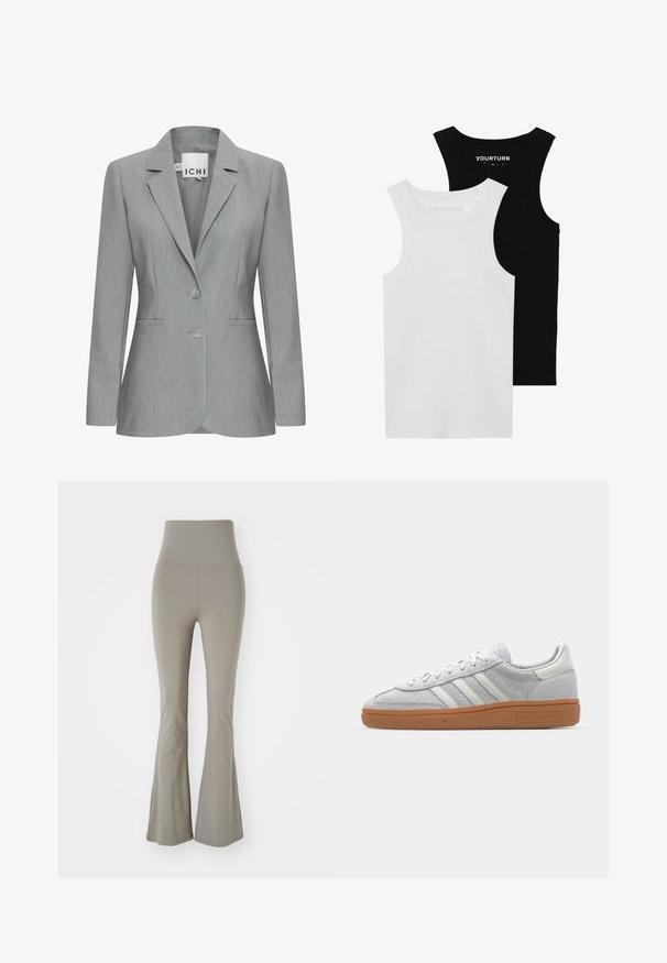 Šviesiai pilkas bleiseris su iškirptėmis apykaklėmis, dviem mygtukais ir šoninėmis kišenėmis. Pagamintas iš tekstūrinio audinio su pritaikytu siluetu. Matomas prekės ženklas.; Du šonuotos liemenėlės juodos ir baltos spalvos. Pagamintos iš matinio medvilnės, jos turi plačias petnešas ir apvalius iškirpimus. Logotipas ant apykaklės.; Aukštos juosmens, plazdančios legging kelnės šviesiai pilkame audinyje. Yra lygi tekstūra ir tampri, prie kūno priglundanti konstrukcija. Nėra matomų detalių.; Šviesiai pilki zomšiniai sportbačiai su baltais odiniais akcentais, trimis baltomis juostelėmis ir rudą guminę pada, turintys paminkštintą apykaklę patogumui.