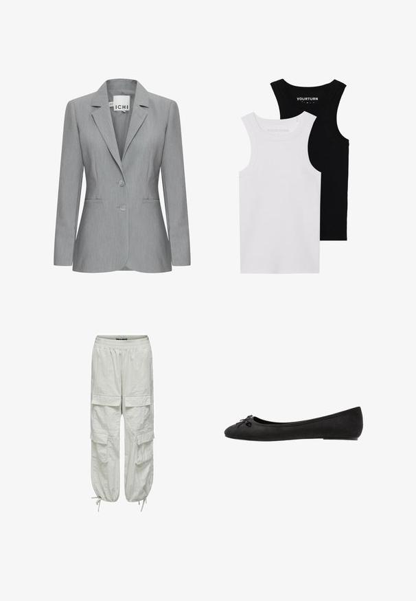 Svetlo siva jakna s izrezanim reverom, dvema gumboma in stranskimi žepi. Narejena iz teksturirane tkanine s krojem, ki se prilega. Oznaka blagovne znamke vidna.; Dva prilegača topa v črni in beli barvi. Narejena iz rebrastega bombaža, imata široke naramnice in zaobljene izreze. Oznaka na ovratniku.; Bele cargo hlače z udobnim krojem, elastičnim pasom in vrvicami. Imajo štiri sprednje žepke in teksturirano tkanino.; Črne balerinke iz semiša z zaobljenim prstom, ki vključujejo dekorativno pentljo spredaj in ravno obliko podplata. Gladka tekstura in klasična oblika.