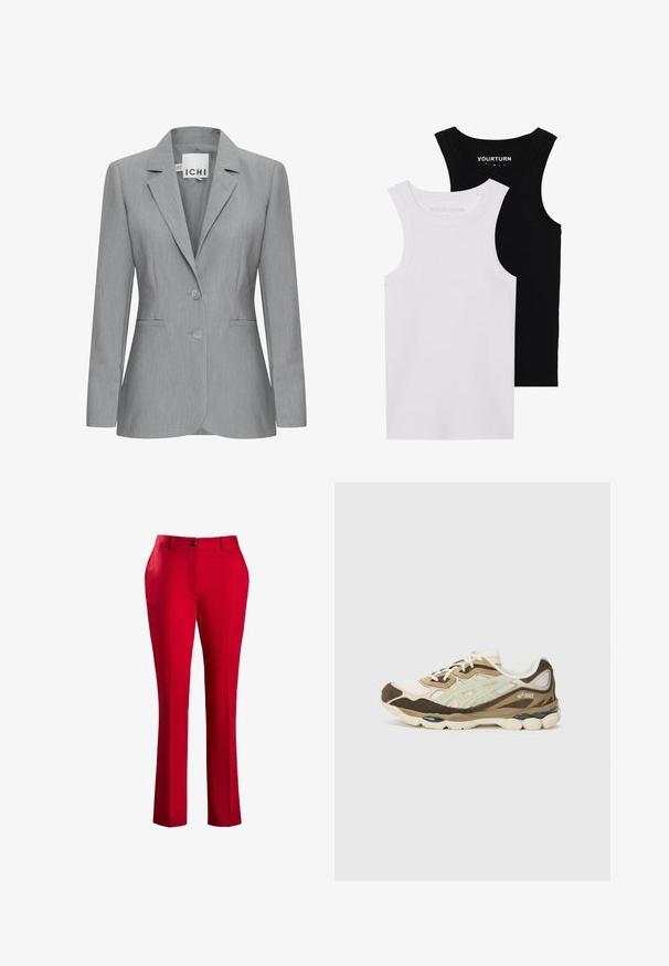 Svetlo siva jakna s izrezanim reverom, dvema gumboma in stranskimi žepi. Narejena iz teksturirane tkanine s krojem, ki se prilega. Oznaka blagovne znamke vidna.; Dva prilegača topa v črni in beli barvi. Narejena iz rebrastega bombaža, imata široke naramnice in zaobljene izreze. Oznaka na ovratniku.; Rde krojene hlače z ravnim krojem. Imajo sprednji zadrgo, zapiranje na gumb in gladko teksturo tkanine. Brez vidnih vzorcev ali akcentov.; Bež in rjava tekaška obutev ASICS z mrežasto in semiš zgornjim delom, oblazinjenim podplatom ter blagovno znamko na strani in peti.
